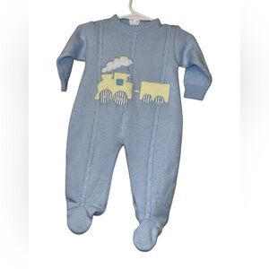 Vintage Grand Knitwear Blue Train Knit footed sweater One Piece Sz 3/6m